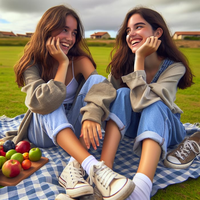 Spanish Teenage Girls Laughing and Picnicking on Green Grass