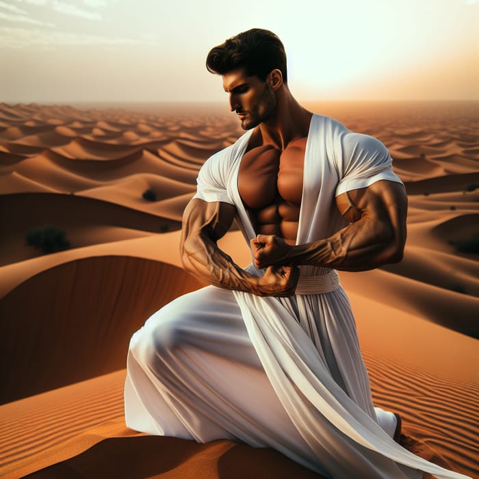 Powerful Middle-Eastern Man Embracing Tradition in Desert Landscape