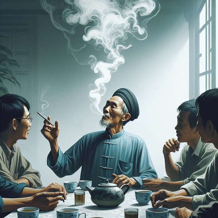 Vietnamese Man Enjoying Smoke and Conversations with Friends
