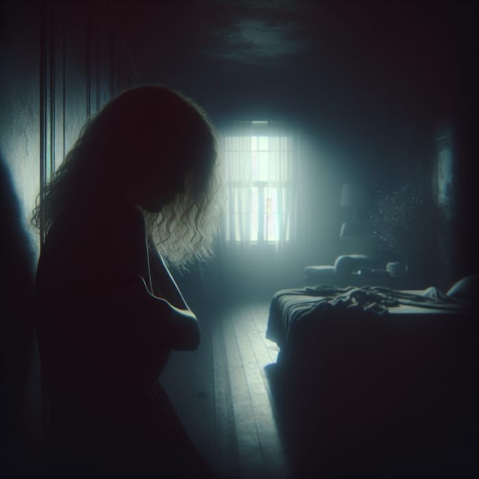 Curly Blonde Woman in Dark Room | Feelings of Depression and Desolation