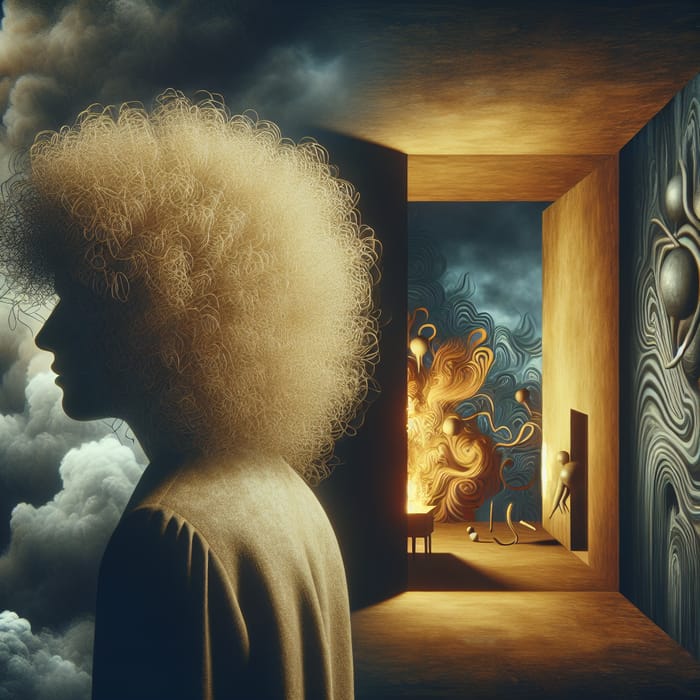 Curly Blonde Depressive Surrealism in Dark Room