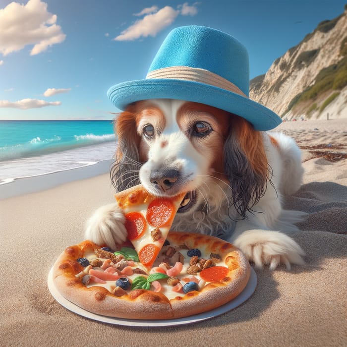 Dog Eating Pizza by Beach with Blue Hat