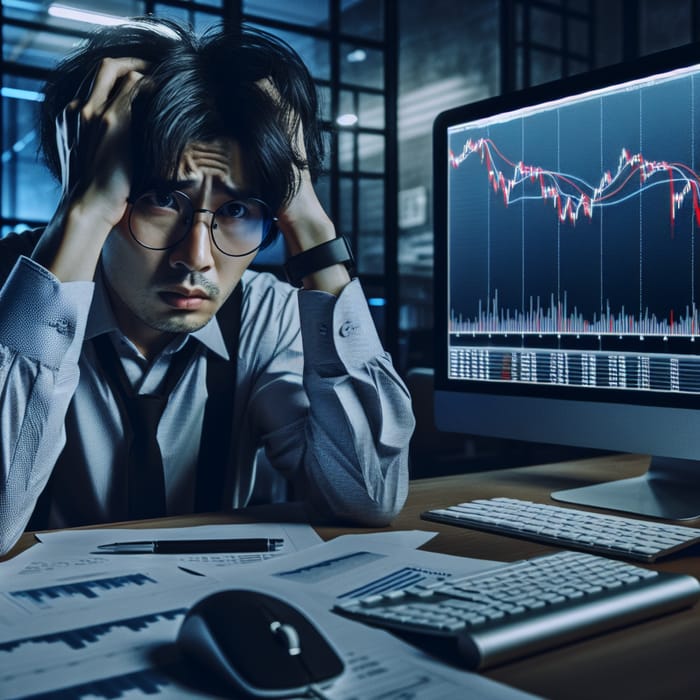 Desperate Asian Trader in Modern Office | Financial Distress