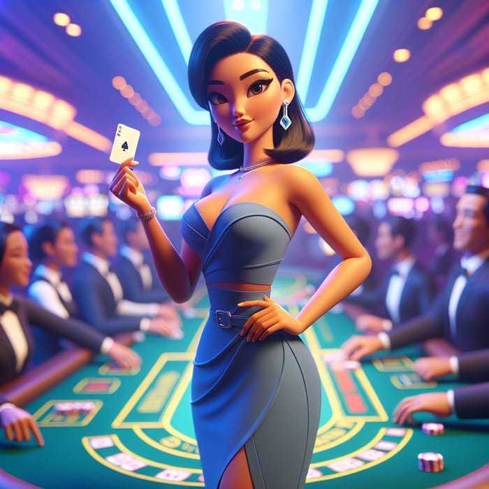 Casino Dealer Woman in Bluish Dress Holding Playing Card | Online Gaming