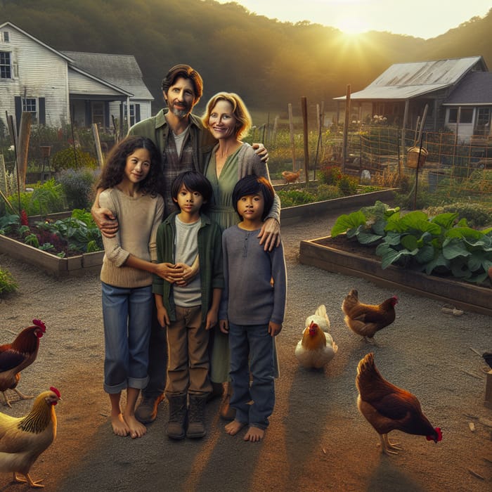 Multicultural Family with 2 Children and Chickens in Appalachia
