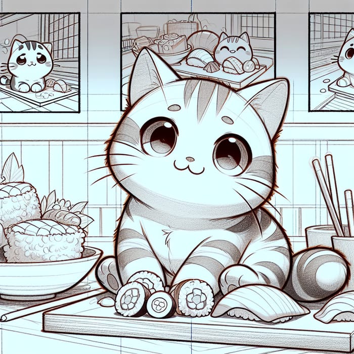 Kawaii Cat Cartoon Surrounded by Sushi in Anime Style