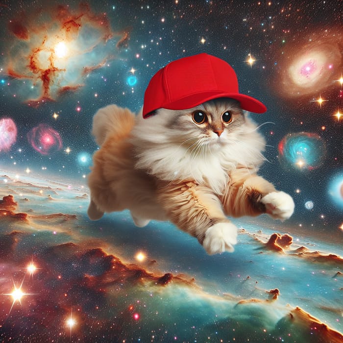 Red Cap Cat Running in Space | Interstellar Feline Fun