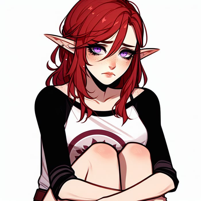 Sad Elf Girl with Red Hair and Purple Eyes Sitting Down