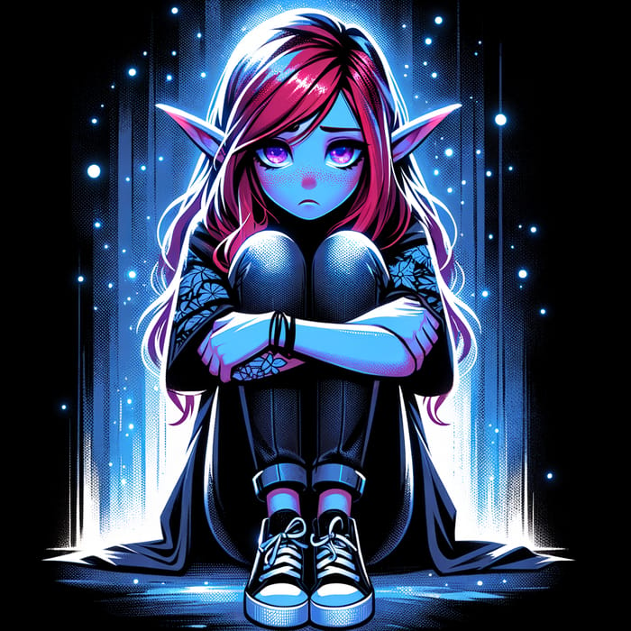 Sad Female Elf with Red Hair in Ethereal Nightscape