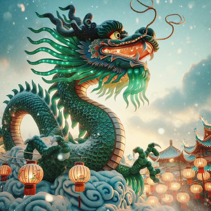 Green Chinese Dragon in Winter - Realistic Style for Chinese New Year