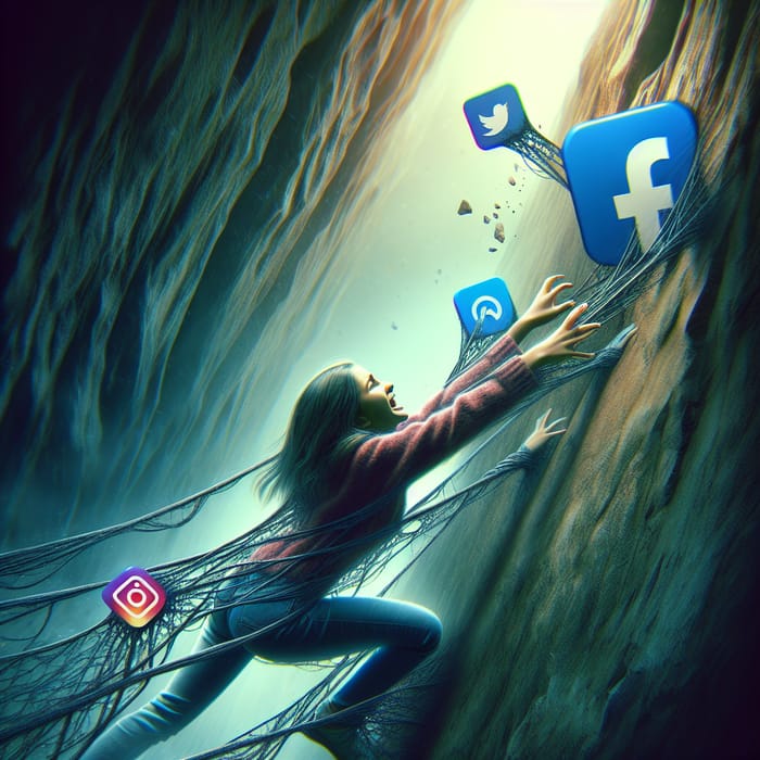Metaphorical Struggle: Young Girl Reaching for Help Amidst Social Media Grip
