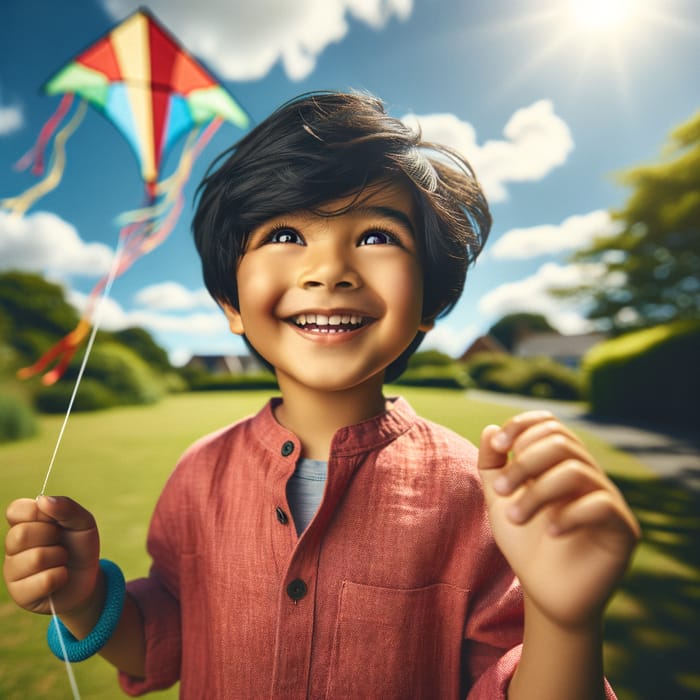 Joyful Young Boy Flying Colorful Kite in Sunlit Park