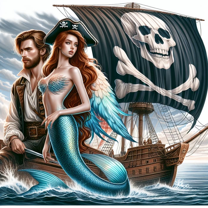 Handsome Pirate & Beautiful Mermaid Sailing Together