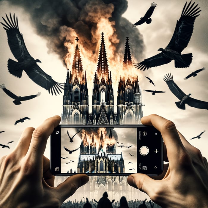 Up-Close Gothic Scene: Cologne Cathedral Ablaze & Vultures