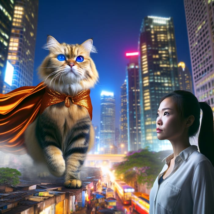 Superhero Cat Saves Human in Cityscape