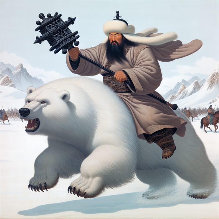 Genghis Khan Riding Polar Bear with Black Assault Rifle