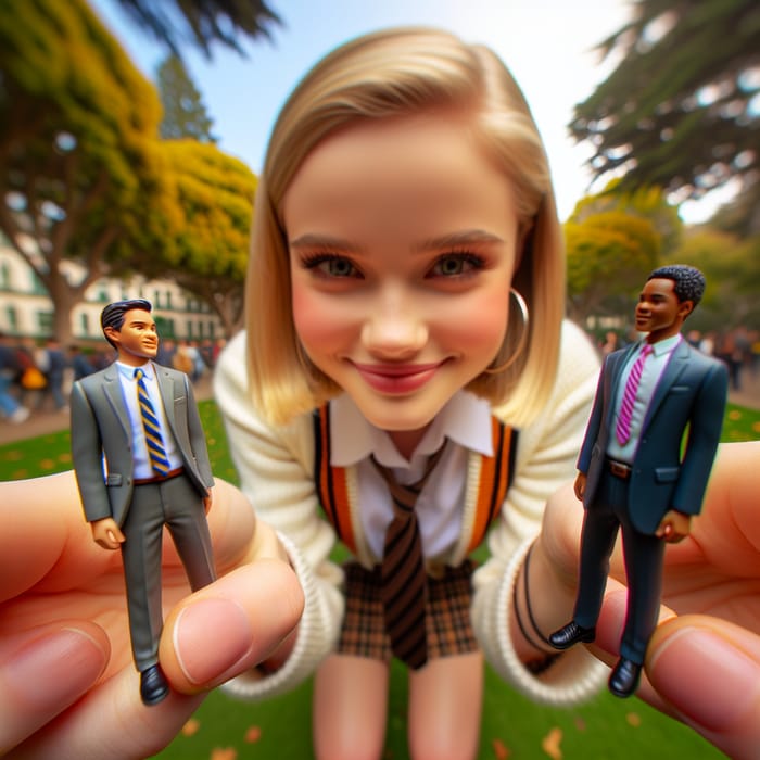 Playful Miniature Businessmen Squashed by Blonde Student in Vibrant Park Scene