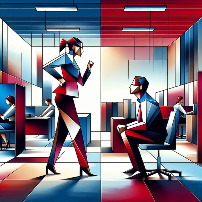Abstract Office Confrontation: Vibrant Interplay of Shapes and Tensions