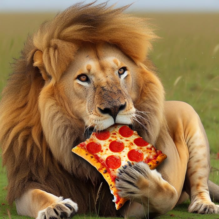Majestic Lion Enjoying Pizza in African Savanna
