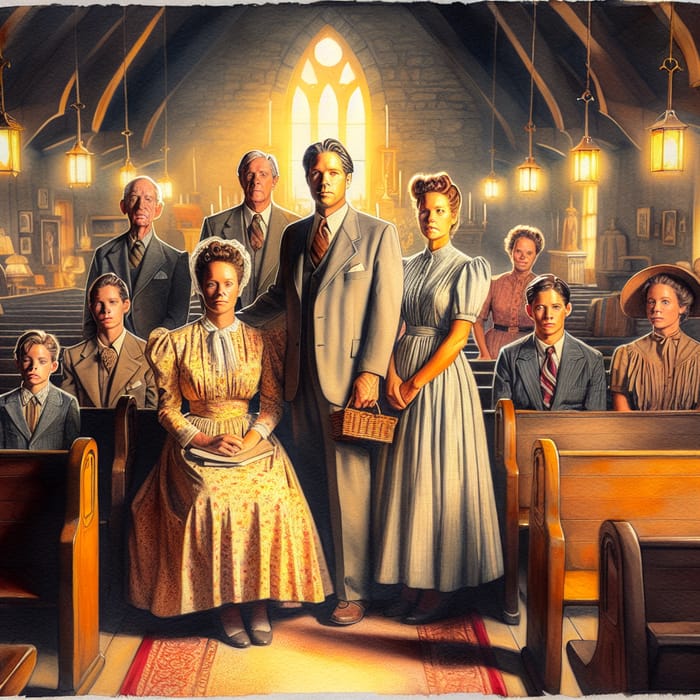 Nostalgic Vintage American Family Church Scene in Watercolors