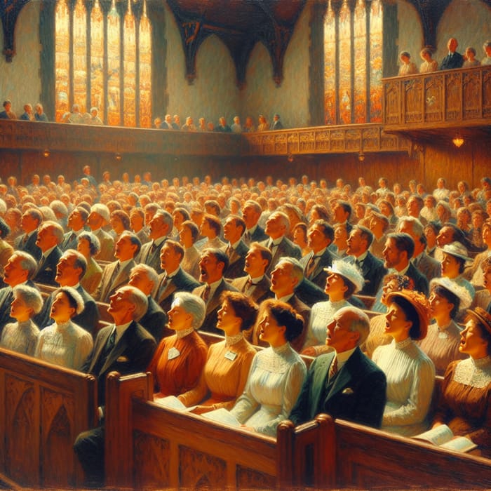 Nostalgic Church Pews Serenade - Joyous Congregation Painting