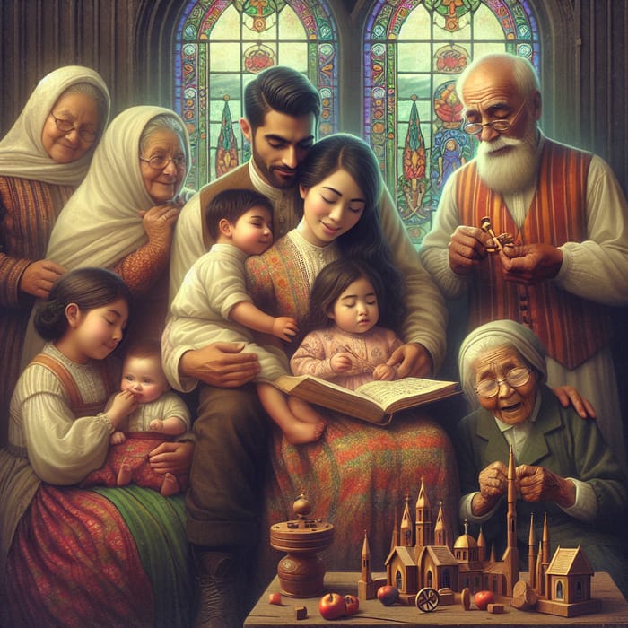 Vintage Family Unity in Church: Multicultural Scene