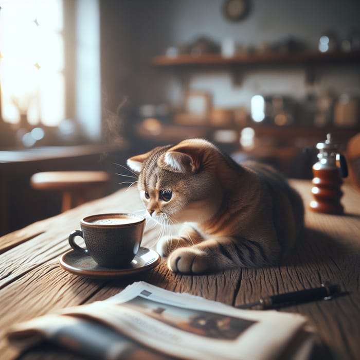Curious Cat Enjoying Morning Coffee | Rustic Wooden Table