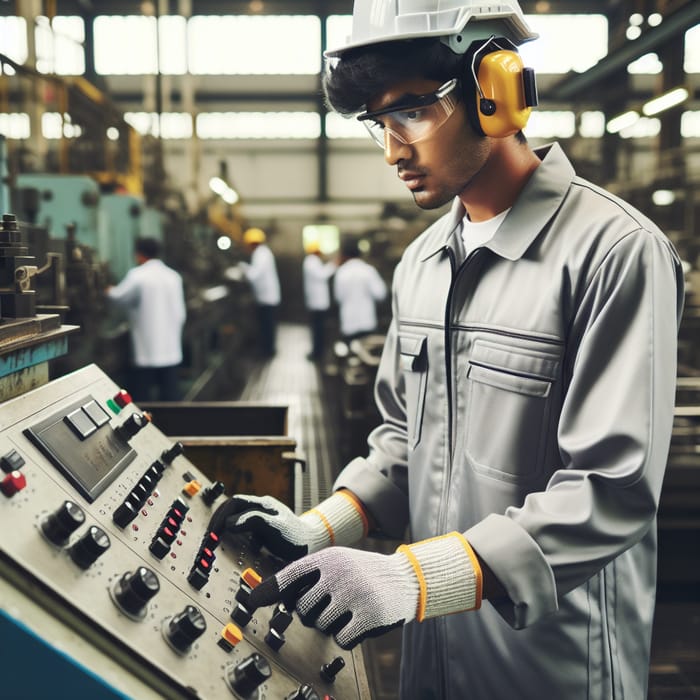 Concentrated Male Factory Worker Operating Machinery