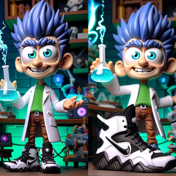 Cartoon Scientist with Blue Hair and Stylish Black Sneakers
