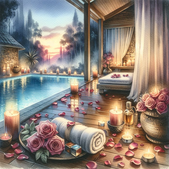 Romantic Spa Ambiance | Watercolor Painting - Tranquil Oasis