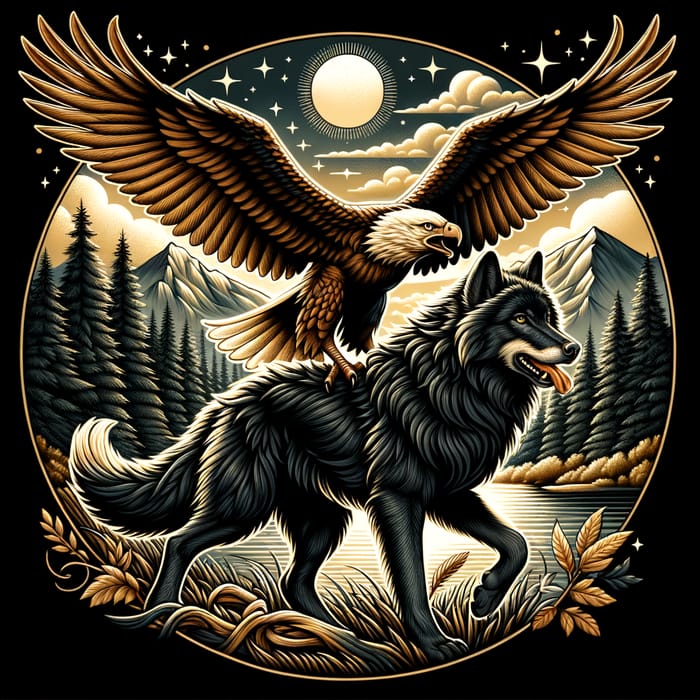 Power Animals: Black Wolf and Golden Eagle in Forest