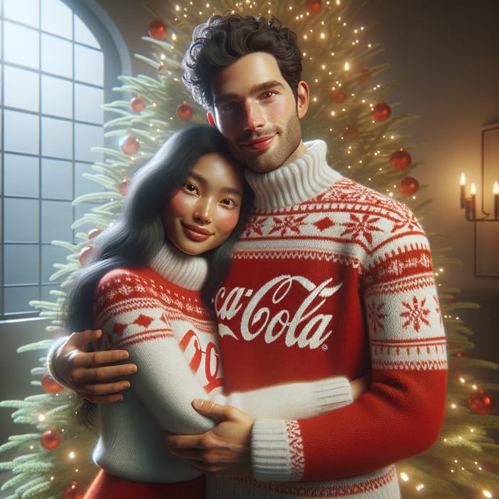 Cozy Holiday Moment: Asian & French Coca-Cola Sweater Hug by a Pine Tree