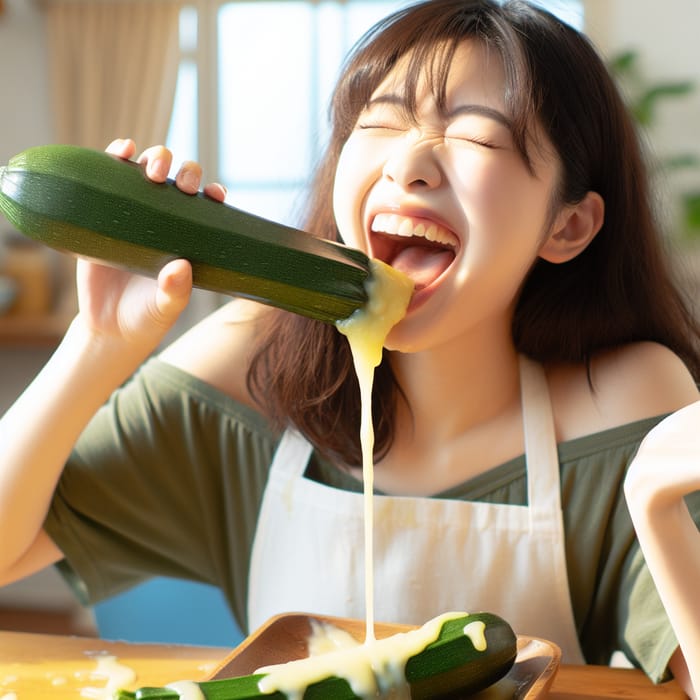 Realistic Photo of Asian Woman Eating Juicy Zucchini