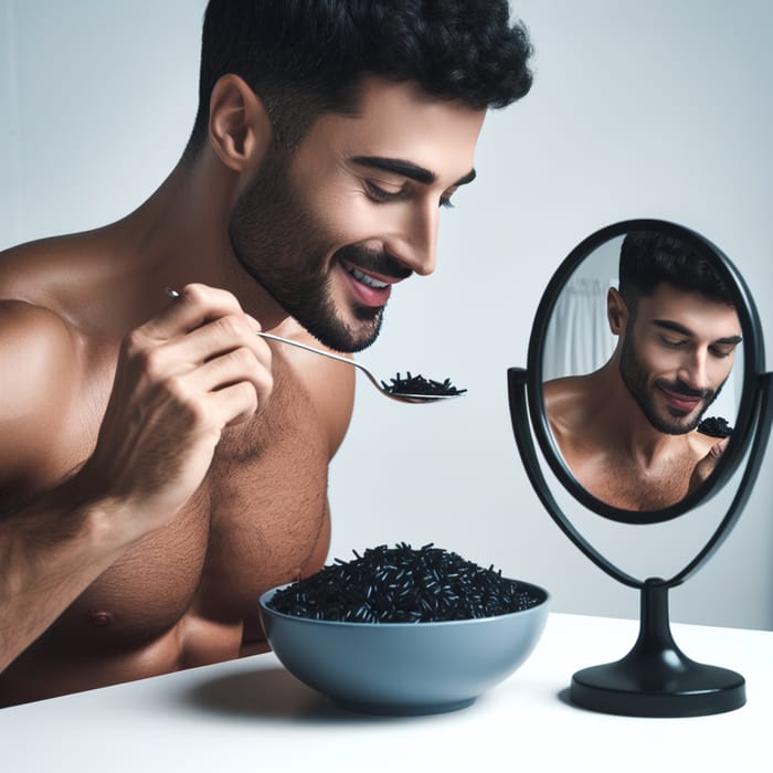 Man Eating Black Rice with Reflection in Mirror