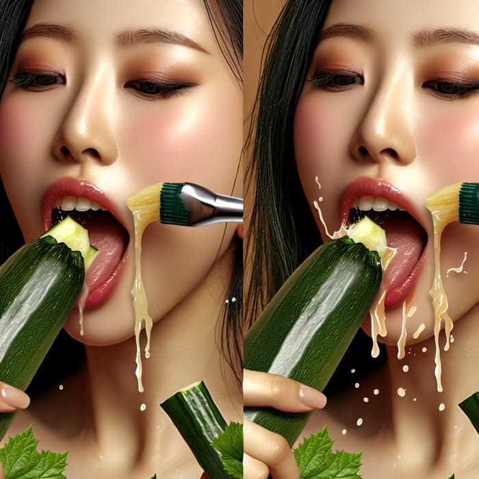 Realistic Photo of Asian Woman Eating Juicy Courgette