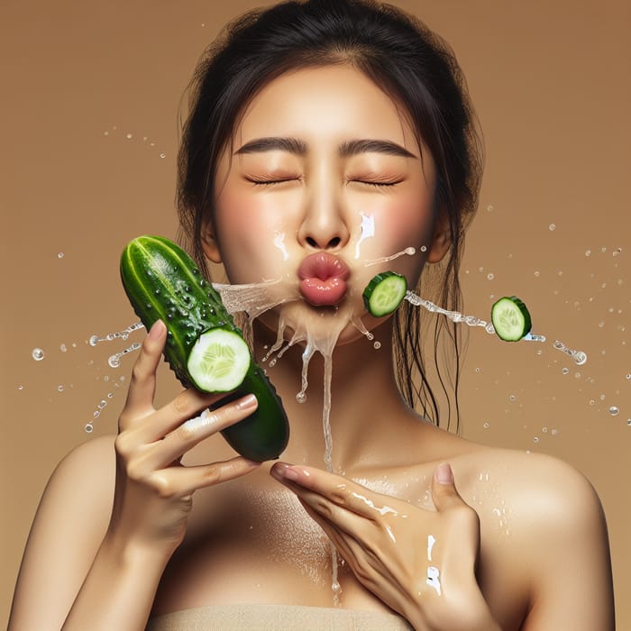 Realistic Photo: Asian Woman with Juicy Courgette, Playful Expression