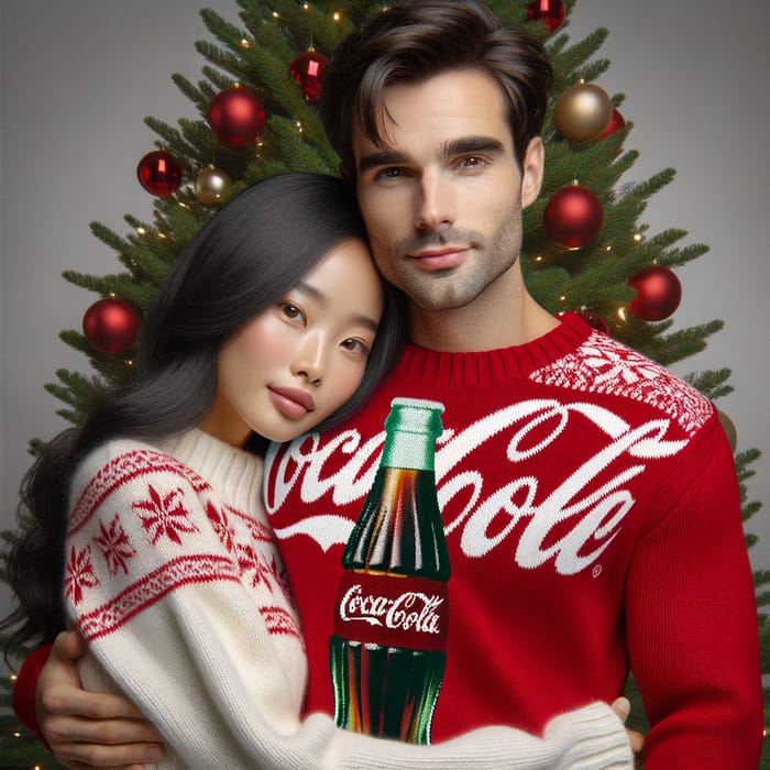 Realistic Image of Asian Woman and French Man in Coca-Cola Sweaters Hugging by Christmas Tree