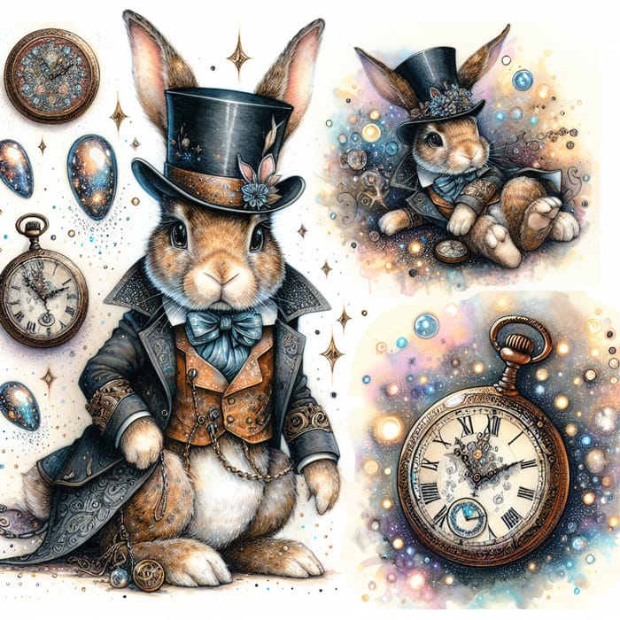 Whimsical Rabbit | Top Hat & Pocket Watch Watercolor Art
