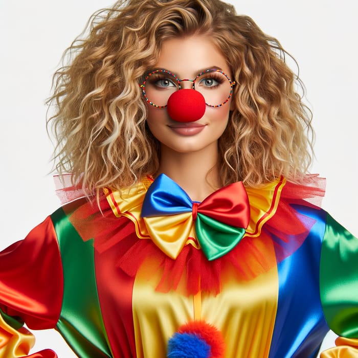 Playful Curly Blonde Clown Woman in Vibrant Costume