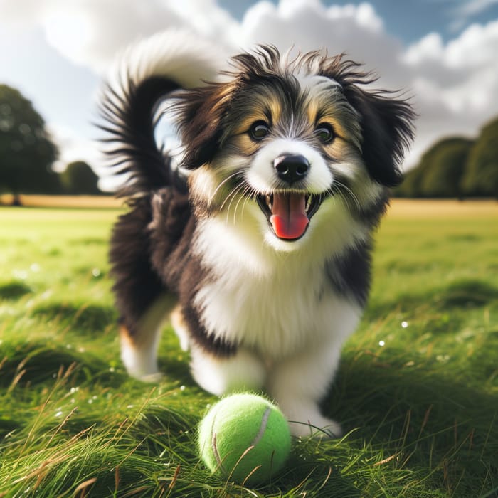 Happy Fluffy Dog in Park Playing with Neon Green Ball