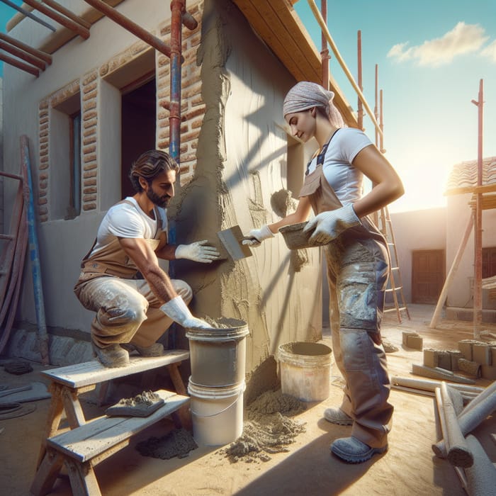 Middle Eastern Worker Plastering Traditional House Exterior