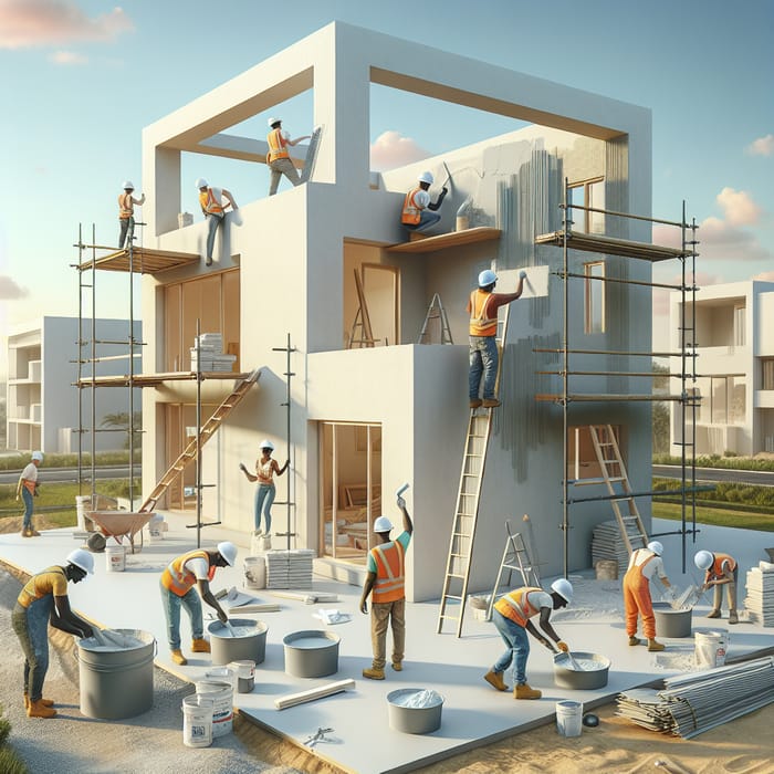 Modern House Under Construction: Diverse Workers Plastering