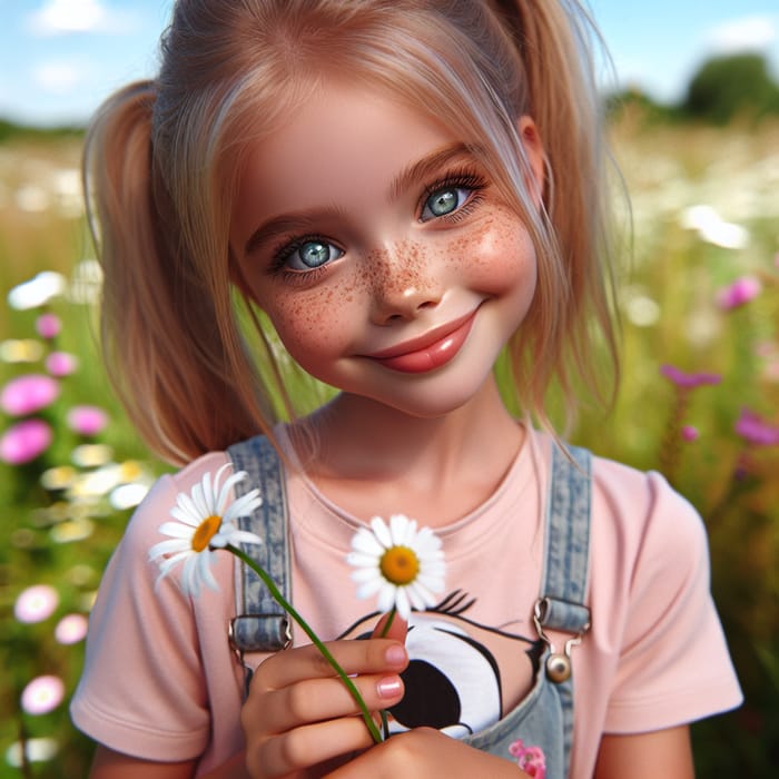 Innocent 10-Year-Old Girl with Blue Eyes in Wildflower Field