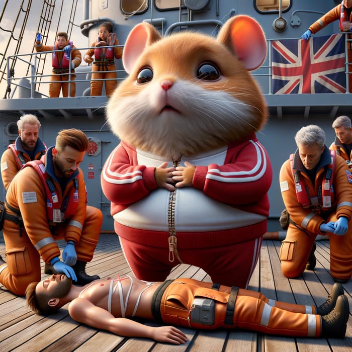 Hyperrealistic Illustration of Chubby Ginger British Mouse Rescued on Deck