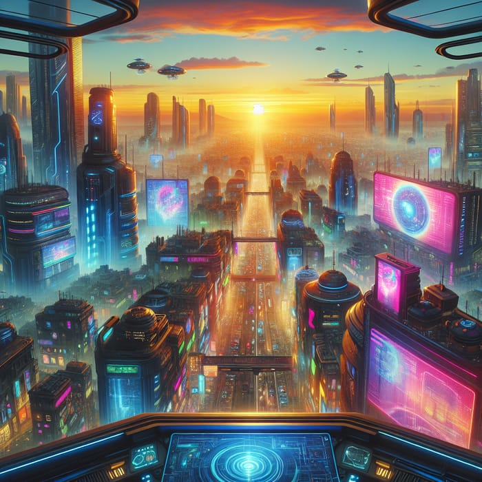 Futuristic Cyberpunk Cityscape at Sunset with Neon Lights