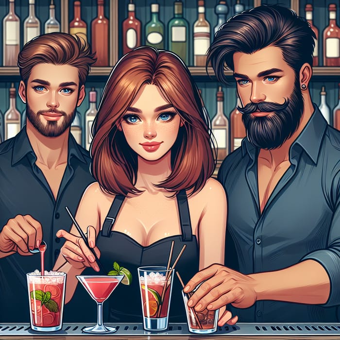 Cocktail Mixing - Red Haired Girl & Two Bartenders