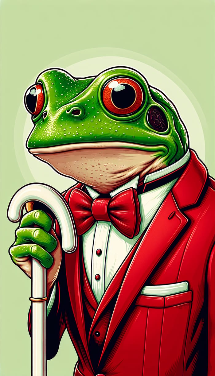 Elegant Frog in Red Suit with White Cane Illustration
