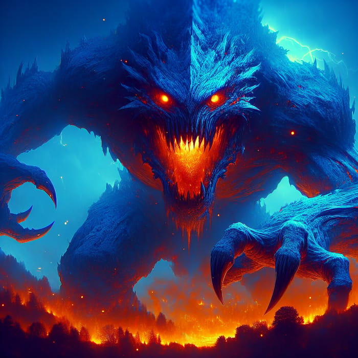 Gigantic Blue Monster: Sinister Beast with Fiery Eyes