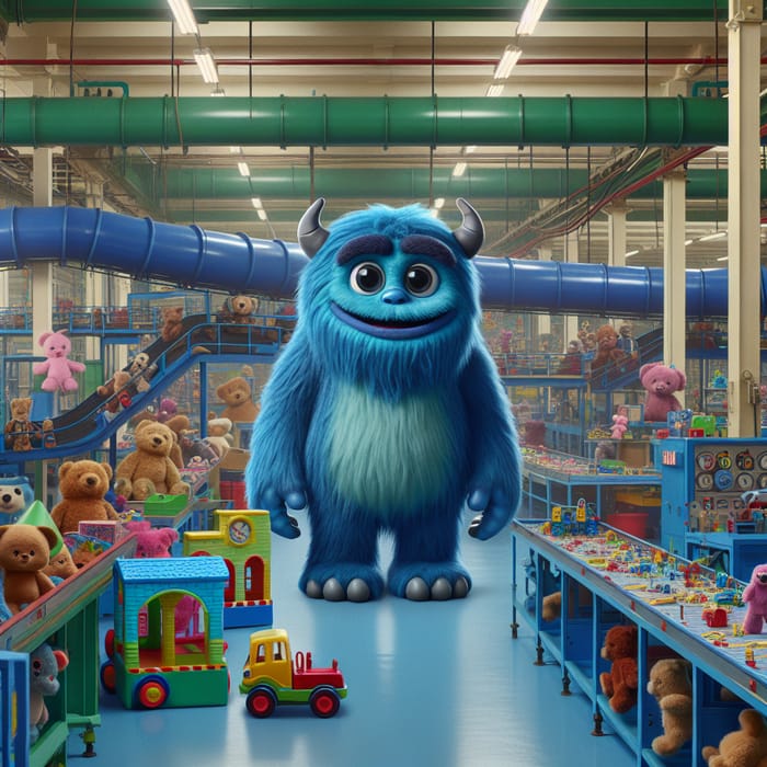 Friendly Giant Blue Monster among Toy Factory Toys