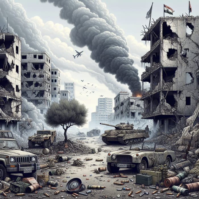 War in Gaza Illustration: Devastated Cityscape & Symbols of Hope